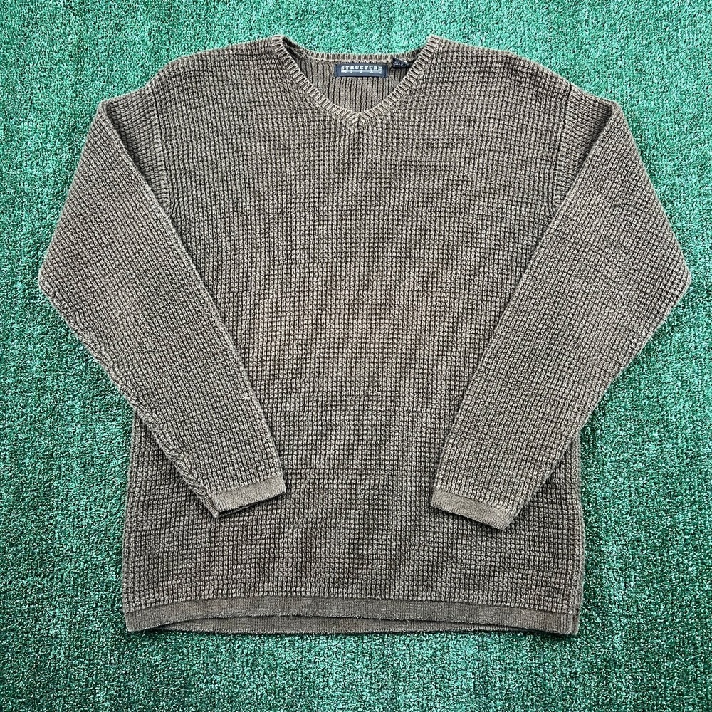 Structure Waffle Knit Sweater Mens M Olive Green Ramie Cotton V-Neck Earth Tone